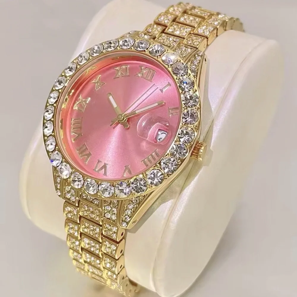 Gold Icy Princess Pink Bling Diamond Watch